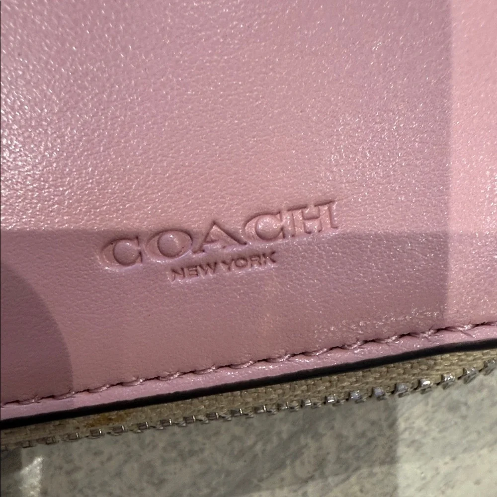 Coach Beige Signature Trifold Wallet- Pink Leather Interior